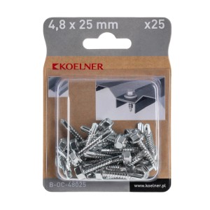 Opakowanie srebrnych wkrętów do blachy (4,8x25 mm) firmy Koelner, 25 sztuk.