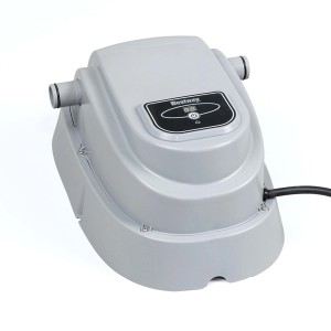 Podgrzewacz do basenu Bestway, szara obudowa z wyświetlaczem i złączami do systemu basenowego.