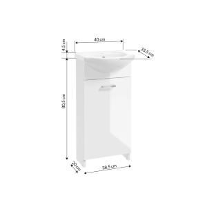 Biała szafka pod umywalkę z umywalką, wymiary zaznaczone.