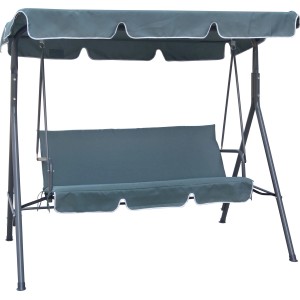 Szara huśtawka ogrodowa z daszkiem i poduszką na siedzisko. Relaks w ogrodzie.