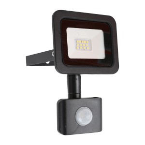 Czarny reflektor LED z czujnikiem ruchu do użytku zewnętrznego.