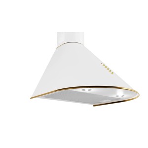 Biały okap ścienny t.b.t. z złotymi akcentami.