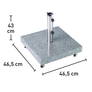 Kwadratowa, szara podstawa pod parasol Denia z granitu, 38,5 kg, z kółkami i rurą ze stali nierdzewnej.