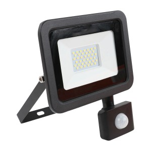 Czarny reflektor LED z czujnikiem ruchu do użytku zewnętrznego.