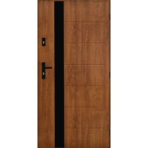 Brązowe drzwi zewnętrzne z czarnym akcentem i poziomymi liniami.