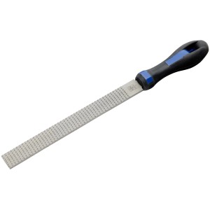 Pilnik zdzierak LUX, płaski, 200 mm, z niebiesko-czarnym komfortowym uchwytem do obróbki drewna i metalu.