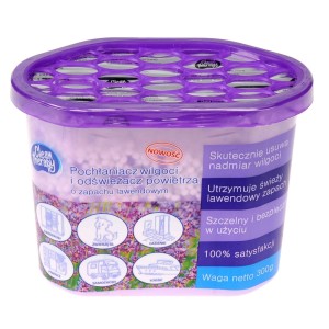 Pochłaniacz wilgoci o zapachu lawendy w fioletowym pojemniku. Idealny do regulacji wilgotności.