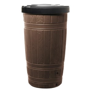 Brązowy zbiornik na deszczówkę Waterform Woodcan 265 l z efektem drewna i czarną pokrywą.