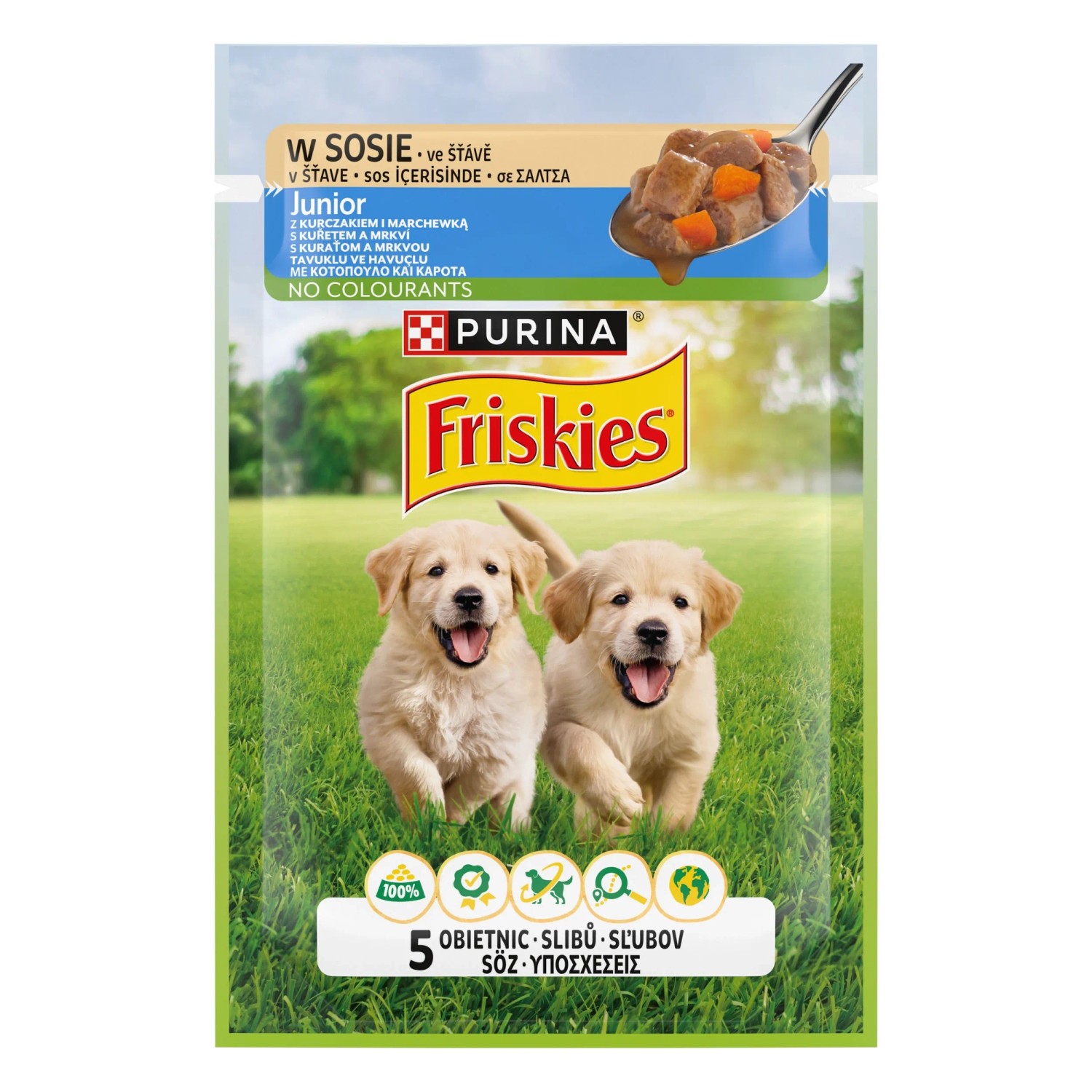 Purina Friskies Junior Mokra karma dla szczeniąt z kurczakiem i marchewką 85 g