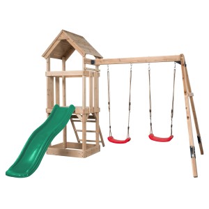 Plac zabaw Swing King Noa ze zjeżdżalnią (zieloną) i dwiema huśtawkami (czerwonymi), z drewna.