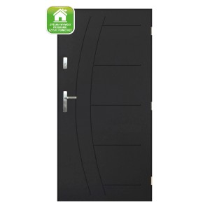 Nowoczesne, czarne drzwi zewnętrzne z srebrną klamką i dekoracyjnym frezowaniem.