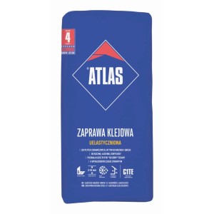 Niebieski worek kleju do płytek Atlas do ceramiki, mozaiki i płytek.
