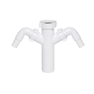 Biały syfon do zlewu t.b.t. z dwoma bocznymi przyłączami.