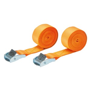 Dwa pomarańczowe pasy mocujące z zaciskiem, zwinięte.