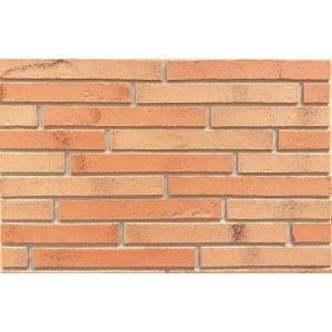 Dekoracyjna ściana z cegły w ciepłych odcieniach czerwieni i beżu.