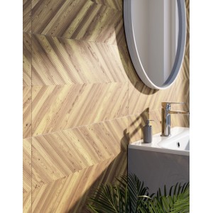 Zestaw mebli łazienkowych t.b.t. z efektem drewna i lustrem. Nowoczesny design do Twojej łazienki.