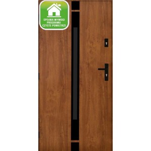 Brązowe drzwi zewnętrzne z czarnymi akcentami i okuciami.