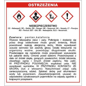 Etykieta ostrzegawcza: Symbole zagrożenia i informacje dotyczące bezpieczeństwa składników.