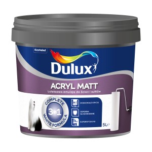 Wiadro białej farby do ścian Dulux Acryl Matt, 5 litrów.