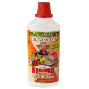Butelka nawozu płynnego Biohumus Extra do roślin doniczkowych i balkonowych.