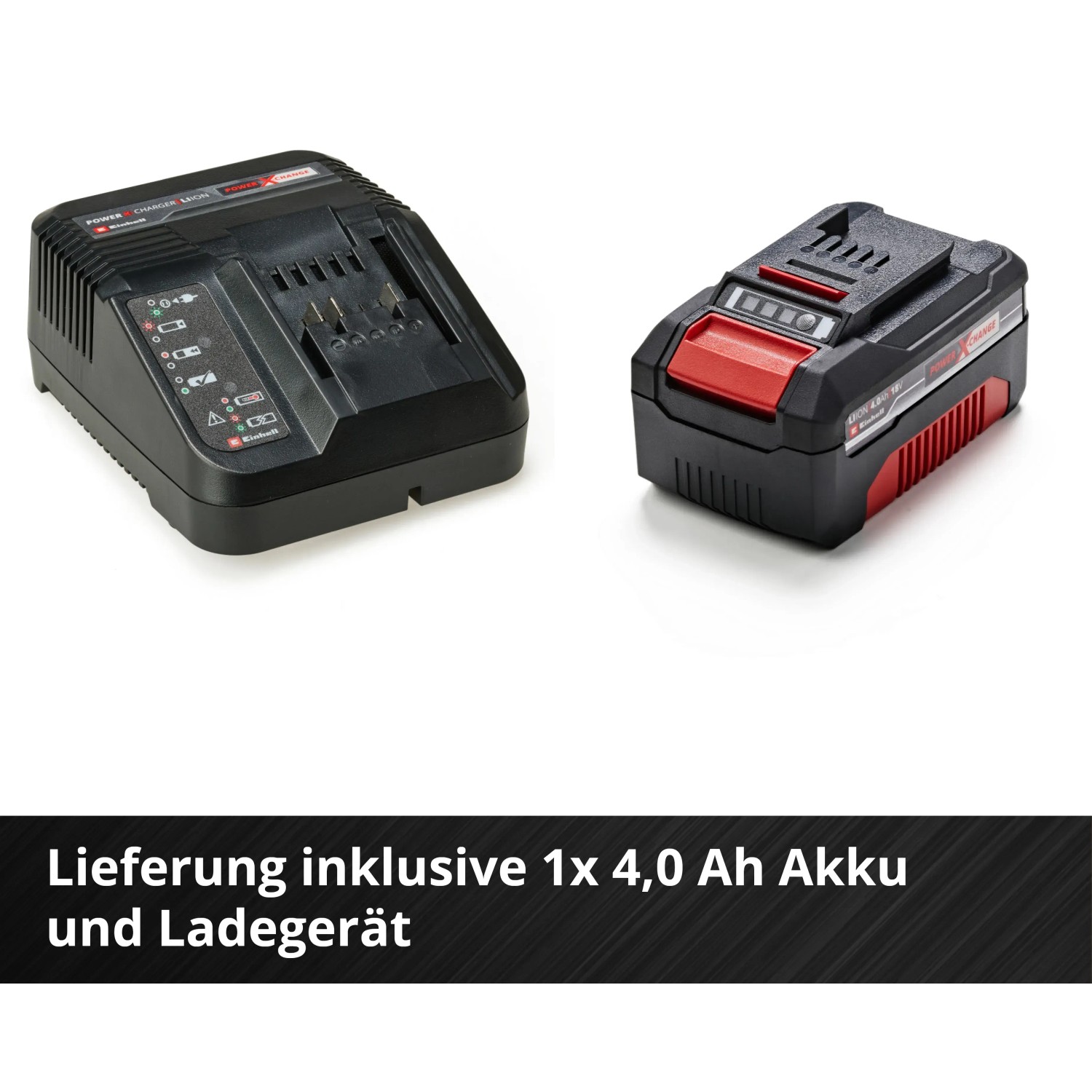 Akumulator i ładowarka Einhell Power X-Change do kosiarki akumulatorowej.