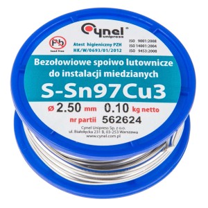 Cyna lutownicza Cynel S-Sn97Cu3, bezołowiowa, do instalacji miedzianych. Akcesoria do lutowania.