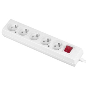 Biała listwa zasilająca t.b.t. z pięcioma gniazdami i czerwonym włącznikiem.