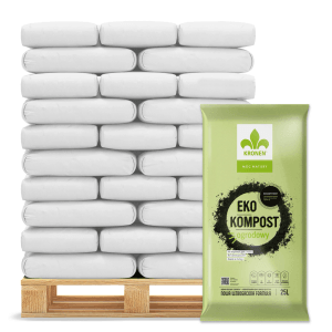 Paleta z workami ziemi uniwersalnej i worek Kronen Eko Kompost. Idealne do ogrodu i roślin.