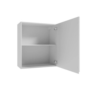 Otwarta biała szafka wisząca z zestawu mebli kuchennych z półką.