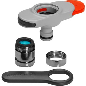 Gardena złącze kranowe do kranów wewnętrznych, zestaw z adapterami i kluczem do podłączania węży ogrodowych.