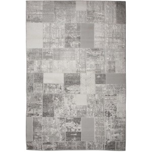 Szary dywan shaggy z nowoczesnym wzorem patchworkowym.