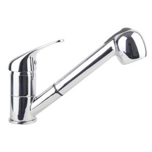 Chromowana bateria jednouchwytowa z wyciąganą wylewką do zlewu lub umywalki.