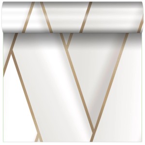 Biała tapeta ze złotym geometrycznym wzorem.