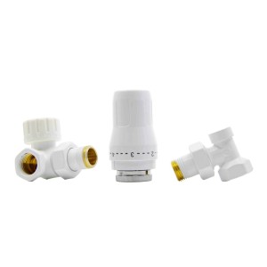 t.b.t. do instalacji grzewczych: Głowica termostatyczna i zawory w kolorze białym i mosiężnym.