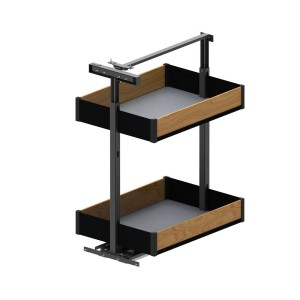 System przechowywania w kuchni t.b.t. z dwoma poziomami, drewno i metal.