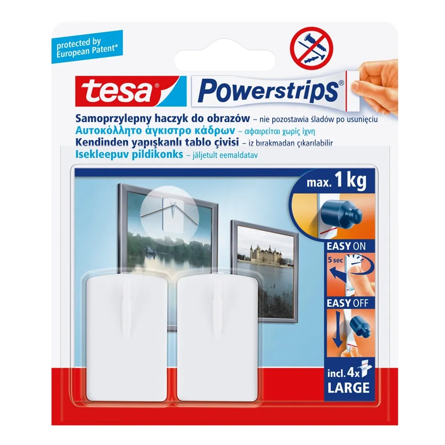 Tesa Powerstrips haczyki do obrazów, samoprzylepne, 4 sztuki, do 1 kg.