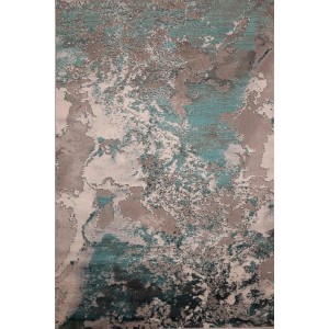 Dywan z krótkim włosiem z abstrakcyjnym wzorem w odcieniach szarości i turkusu.