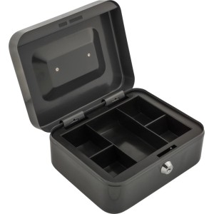 Otwarty, szary sejf t.b.t. z przegródkami do przechowywania wartościowych przedmiotów.