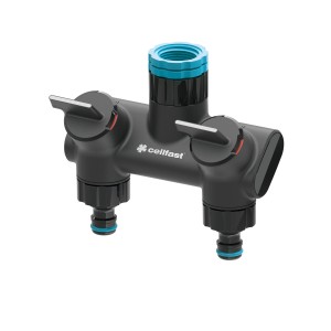 Rozdzielacz wody Cellfast z dwoma wyjściami i regulatorami do nawadniania ogrodu.