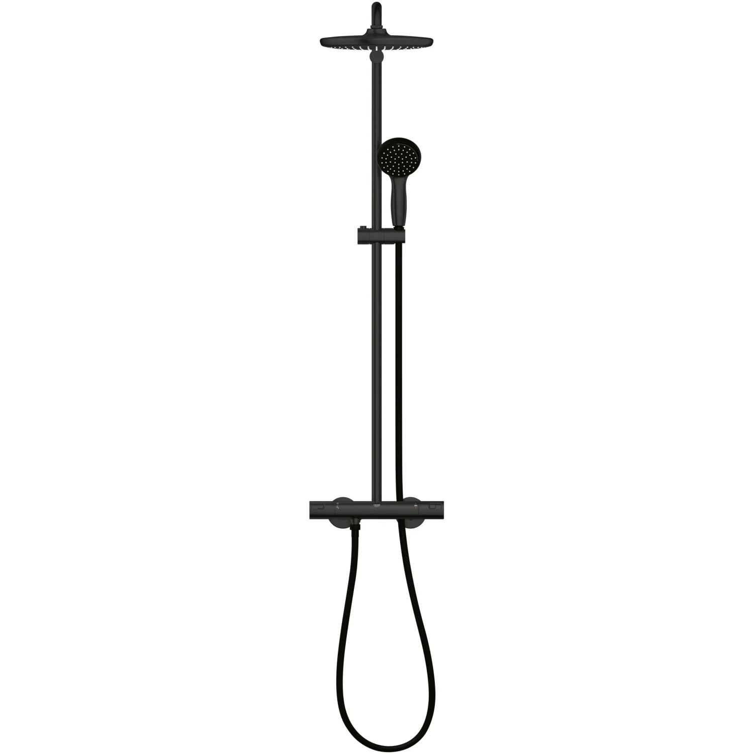 Czarny system prysznicowy Grohe QuickFix Vitalio Start 250 z termostatem.
