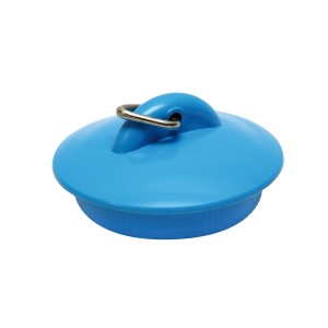 Niebieski korek t.b.t. do syfonu umywalkowego z metalowym pierścieniem.