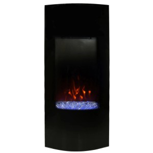 Czarny kominek elektryczny t.b.t. z efektem płomienia i niebieskimi kamieniami dekoracyjnymi.