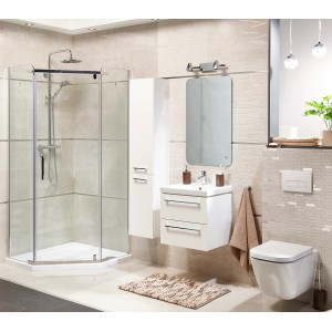 Nowoczesna łazienka z prysznicem, umywalką, szafką z lustrem i WC.