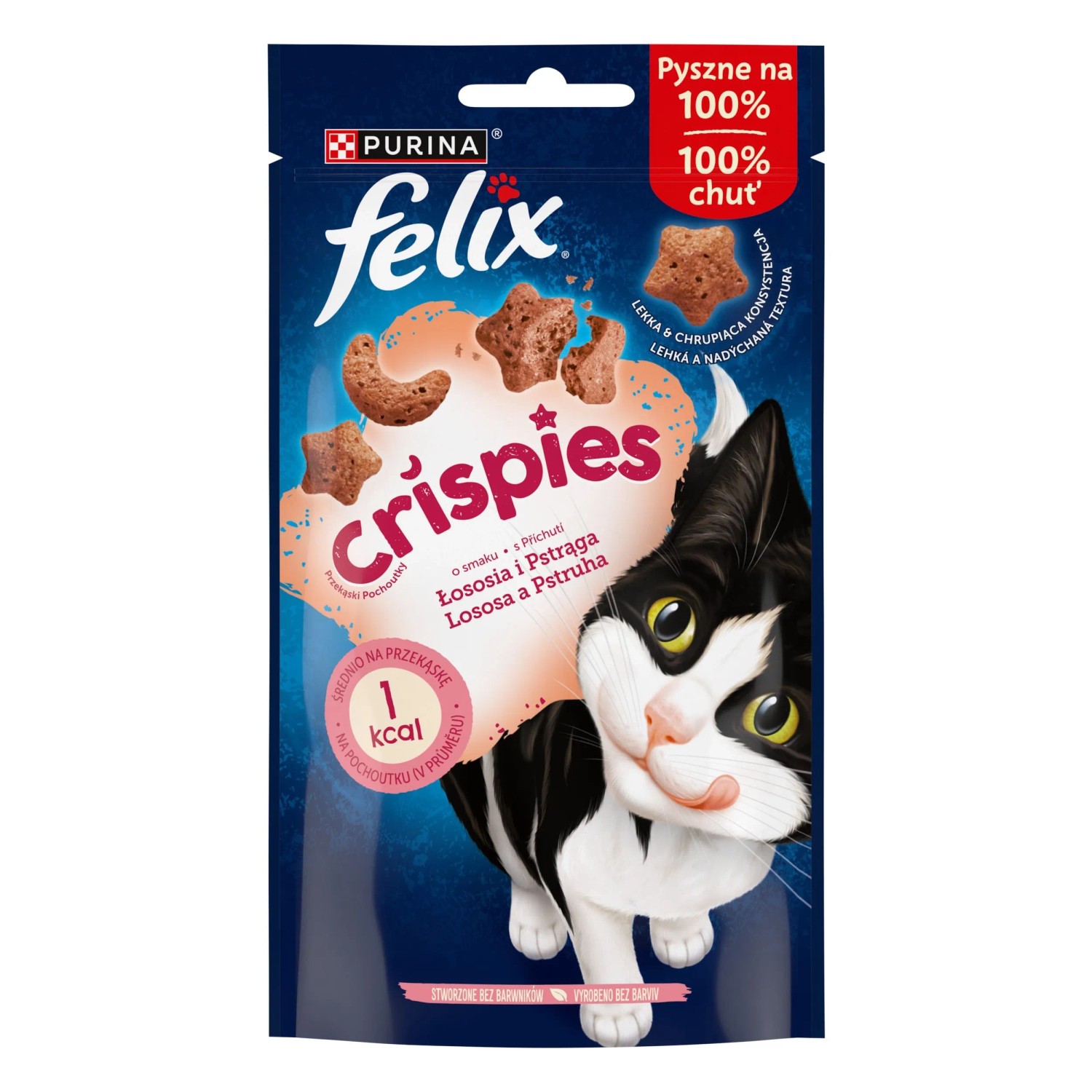 Purina Felix Crispies Przekąski dla kotów, o smaku łososia i pstrąga 45 g