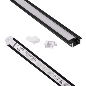 Czarny profil LED z akcesoriami do montażu taśm LED.