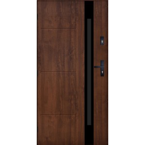 Brązowe drzwi zewnętrzne z szybą i czarną klamką.