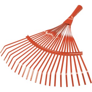 Czerwone metalowe grabie wachlarzowe do liści, szerokość 39 cm, malowane proszkowo do liści i odpadów ogrodowych.