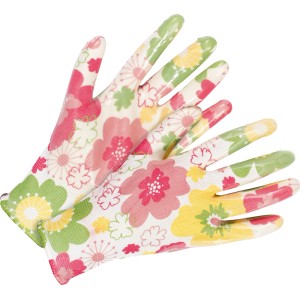 Zestaw 2 par rękawic ogrodowych z częściowym pokryciem nitrylowym, biało-różowe w kwiaty, rozmiar 8.