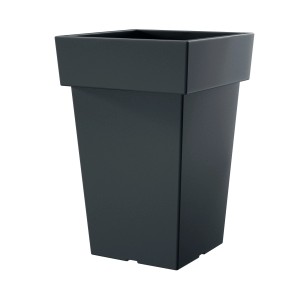 Czarna, kwadratowa doniczka do użytku wewnątrz i na zewnątrz.