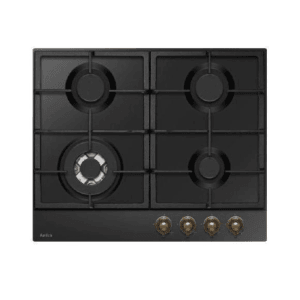 Czarna płyta kuchenna z czterema palnikami i pokrętłami.